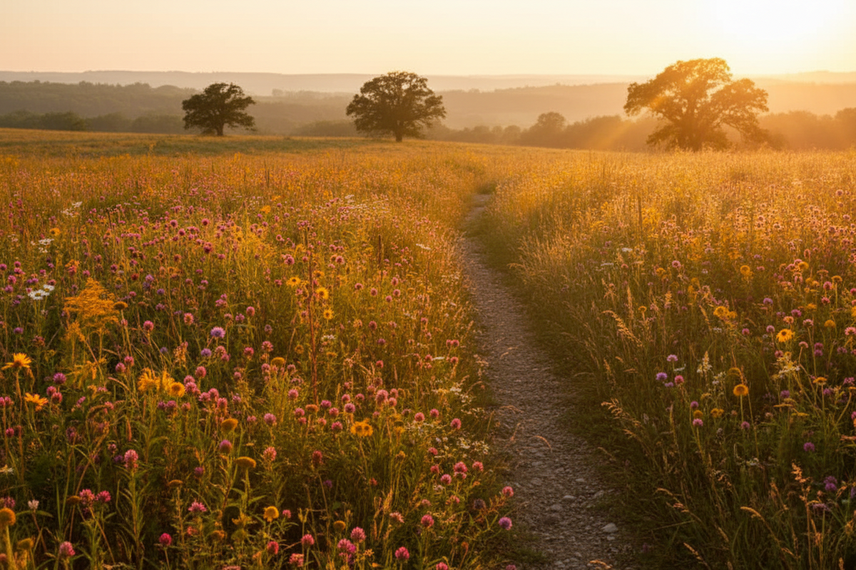 Blumenwiese im warmen Abendlicht als ruhiger Ort des Abschieds