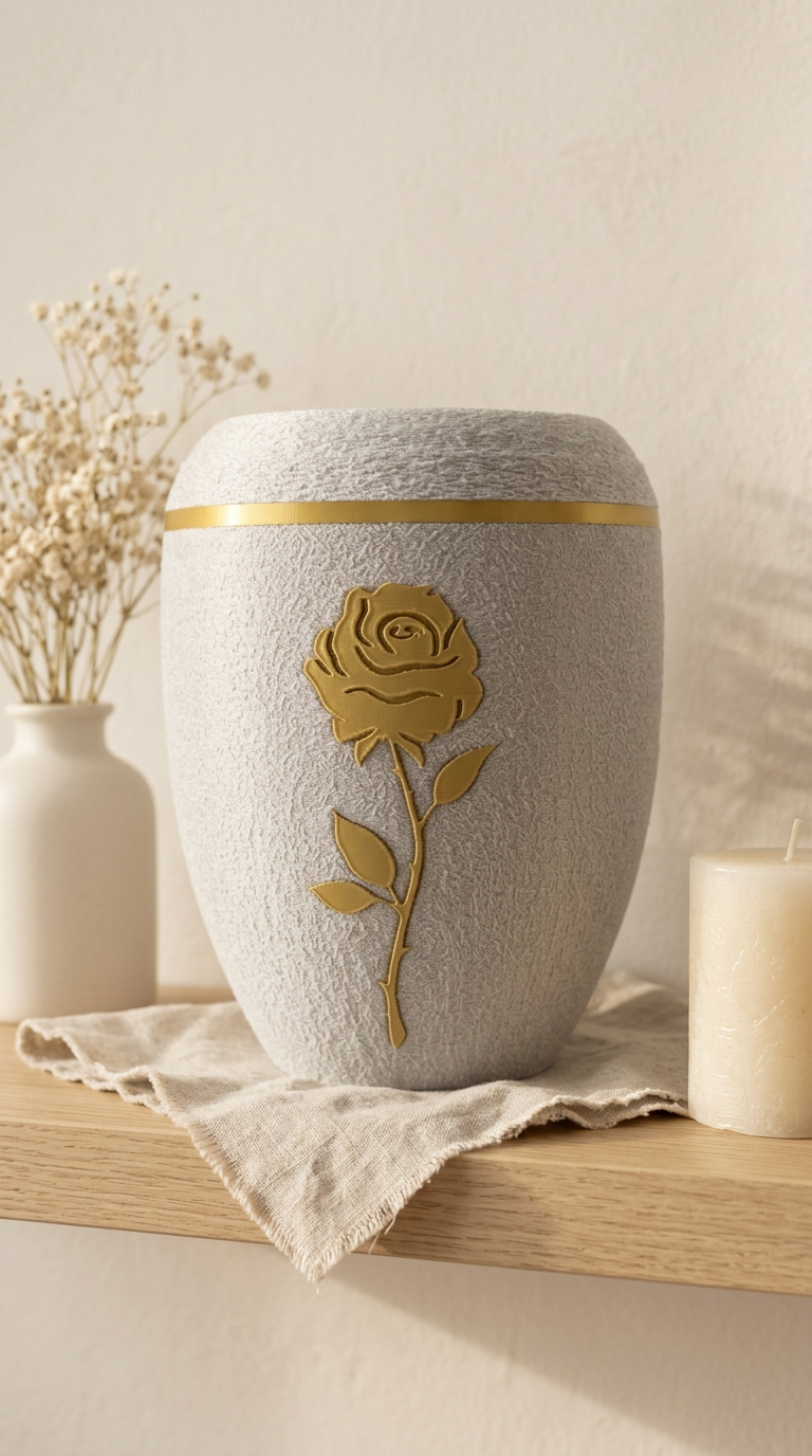 Gedenkurne mit Rosenmotiv in Gold