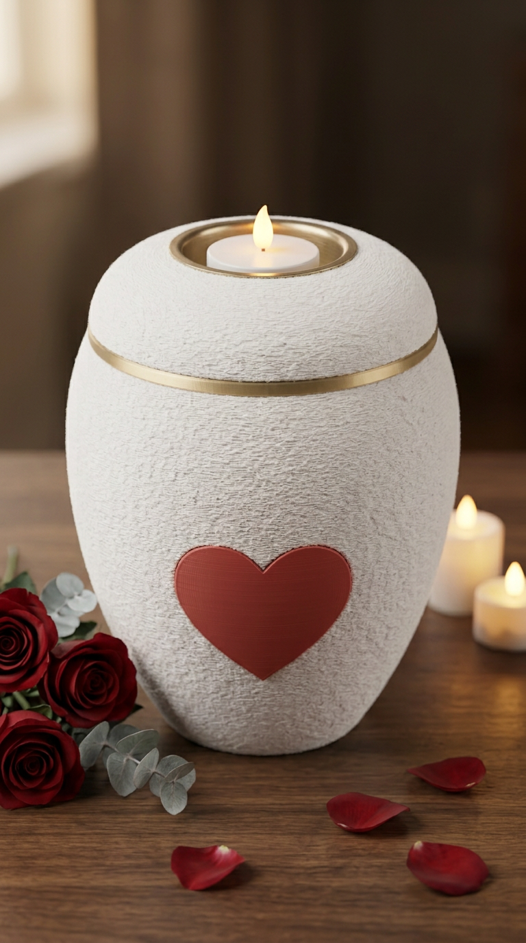 Weiße Urne mit rotem Herz, goldenem Zierring und LED-Teelicht im Deckel, daneben rote Rosen