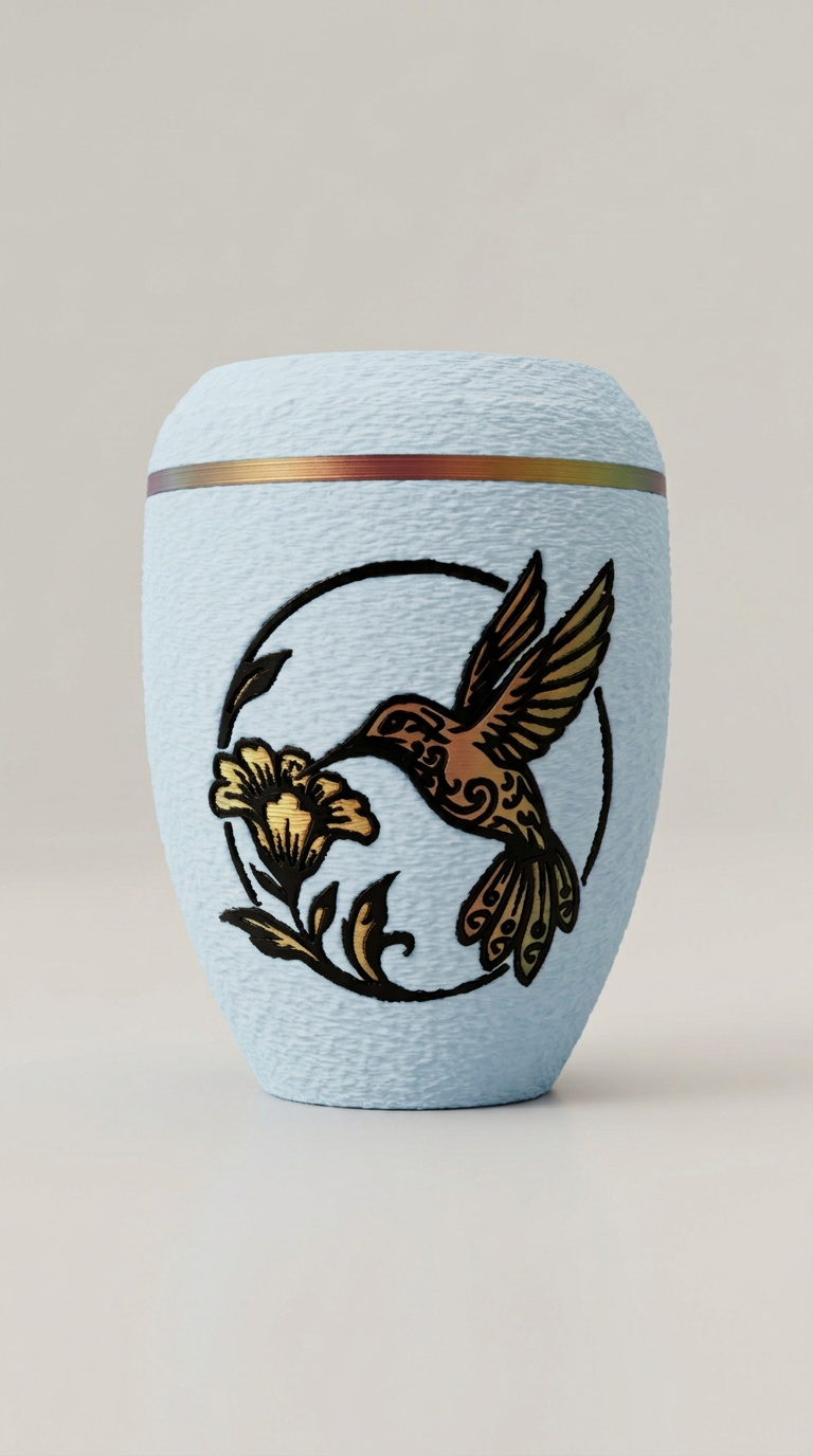 Babyblaue Urne mit Kolibri-Motiv und Blüte in warmen Gold- und Rottönen.