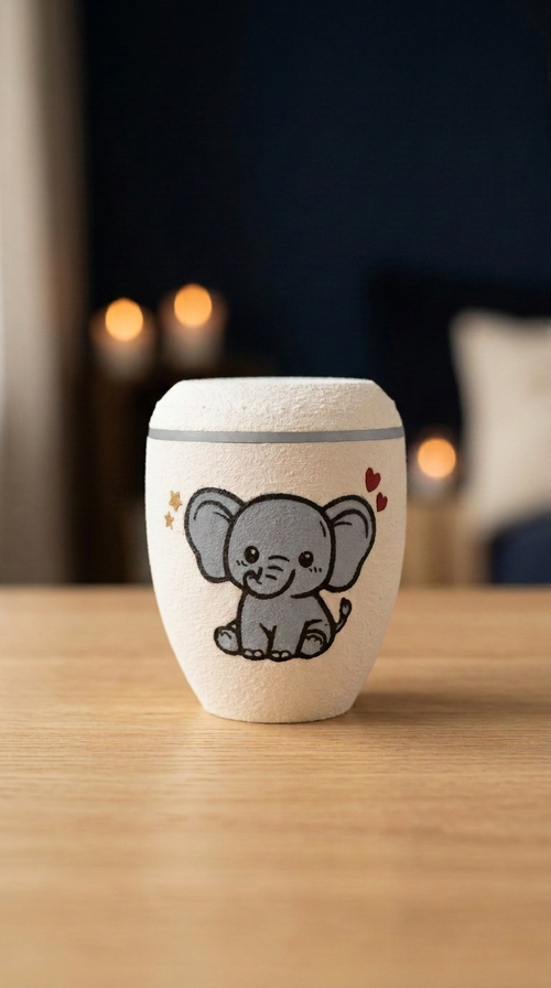 Weiße Urne aus PLA mit gemaltem Baby-Elefanten, goldenen Sternen und roten Herzen, auf Holztisch vor Kerzenlicht