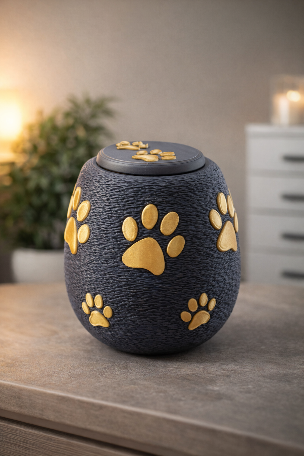 Mini Tierurne mit Pfotenmotiv | Erinnerungsstück für Zuhause | Hund & Katze
