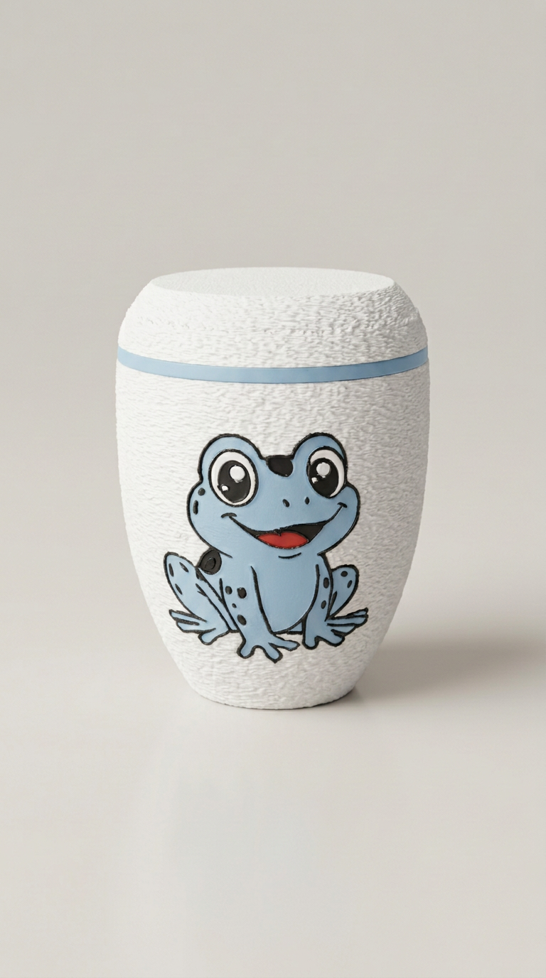 Weiße Urne mit Babyblauen Froschmotiv und Babyblauen Zierring.