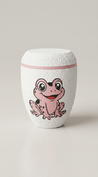 Weiße Urne mit Pinken Froschmotiv und Pinken Zierring.