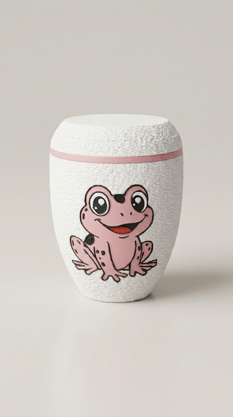 Weiße Urne mit Pinken Froschmotiv und Pinken Zierring.