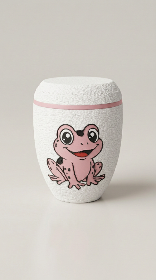 Weiße Urne mit Pinken Froschmotiv und Pinken Zierring.