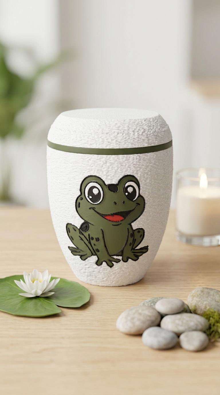 Weiße Urne mit grünem Froschmotiv und grünem Zierring, daneben Seerose und Kieselsteine