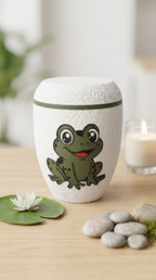 Weiße Urne mit grünem Froschmotiv und grünem Zierring, daneben Seerose und Kieselsteine