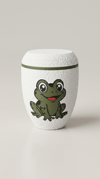 Weiße Urne mit grünem Froschmotiv und grünem Zierring.