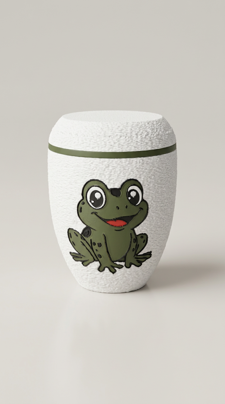 Weiße Urne mit grünem Froschmotiv und grünem Zierring.