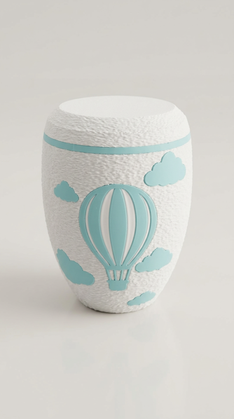 Weiße Urne mit Heißluftballon und Wolken in Babyblau