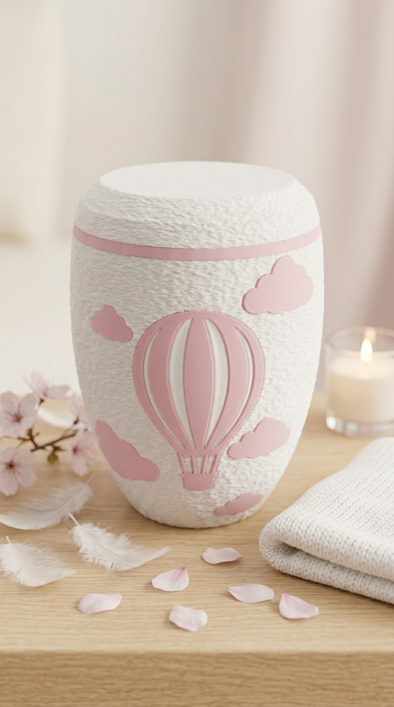 Weiße Urne mit Heißluftballon und Wolken in Sakura Pink, daneben Kirschblüten und Federn