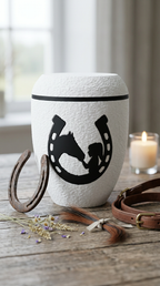 Weiße Urne mit Hufeisen-Motiv und Silhouette von Pferd und Reiterin, daneben ein Hufeisen und ein Lederzaum