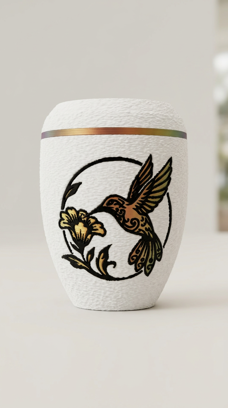 Weiße Urne mit Kolibri-Motiv und Blüte in warmen Gold- und Rottönen, daneben rote Blüten und eine Kerze