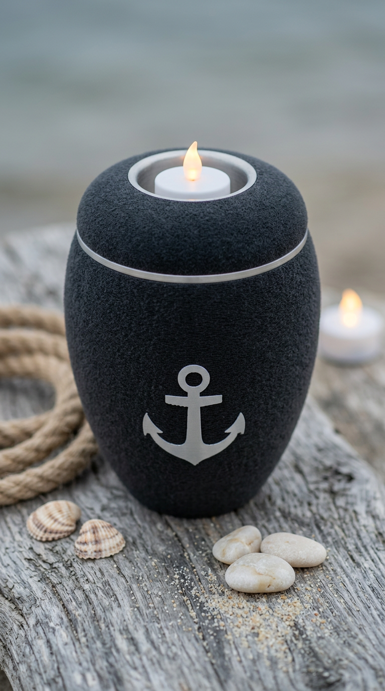 Anthrazitfarbene Urne mit silbernem Anker und LED-Teelicht im Deckel, daneben Tau, Muscheln und Kieselsteine