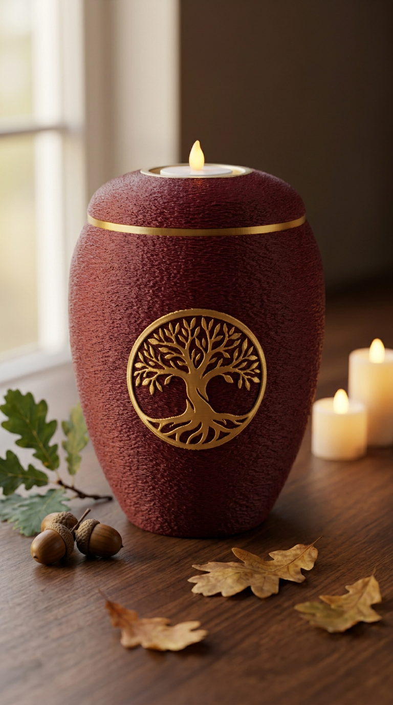 Weinrote Urne mit goldenem Lebensbaum-Medaillon und LED-Teelicht im Deckel, daneben Eichenlaub und Kerzen