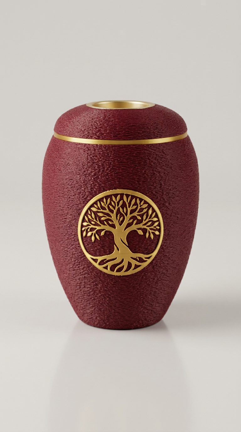 Weinrote Urne mit goldenem Lebensbaum-Medaillon und LED-Teelicht im Deckel