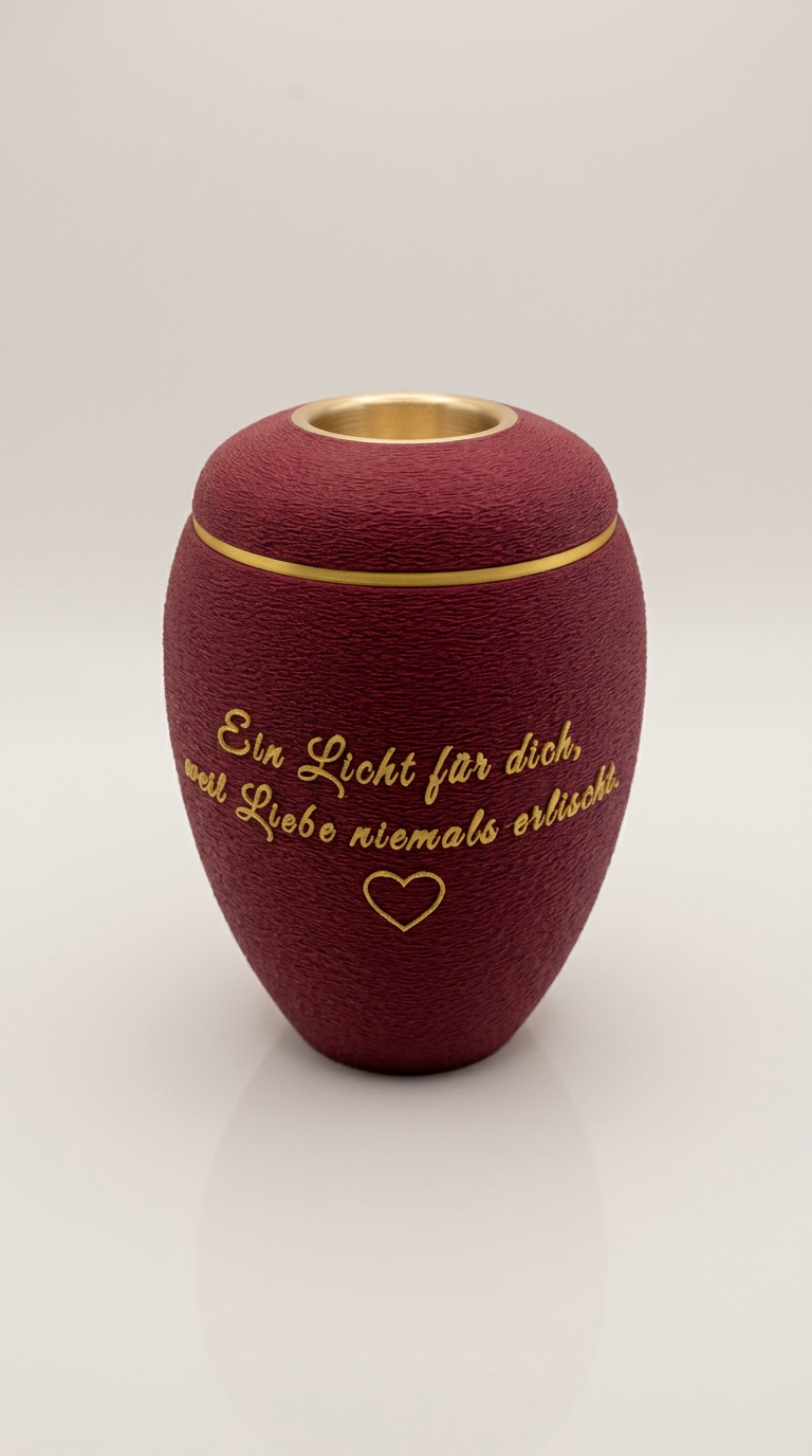 Weinrote Urne mit goldenem Spruch, Herz und goldenem Teelicht-Einsatz im Deckel