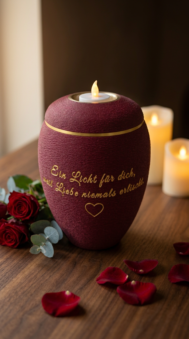 Weinrote Urne mit goldenem Spruch, Herz und goldenem Teelicht-Einsatz im Deckel