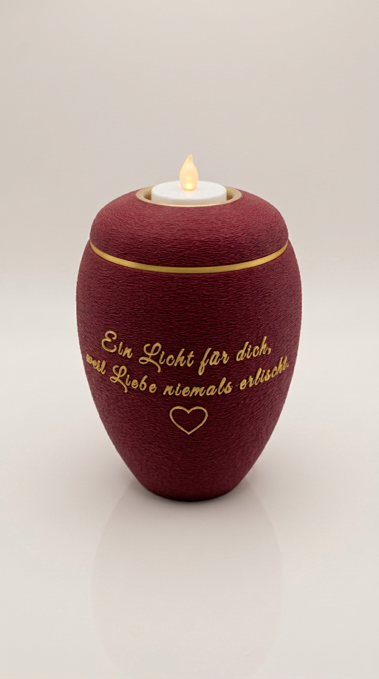 Weinrote Urne mit goldenem Spruch, Herz und goldenem Teelicht-Einsatz im Deckel