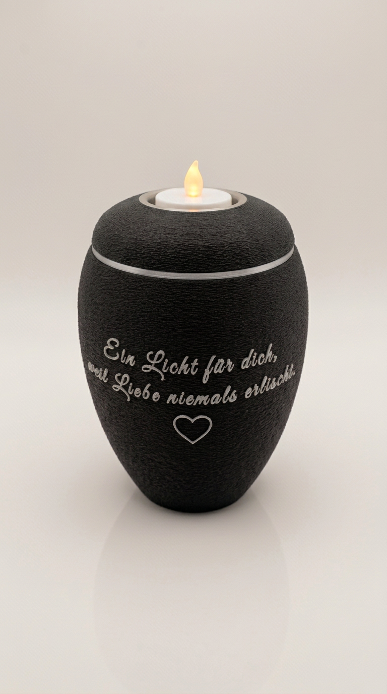 Schwarze Urne mit silbernen Spruch, Herz und silbernen Teelicht-Einsatz im Deckel