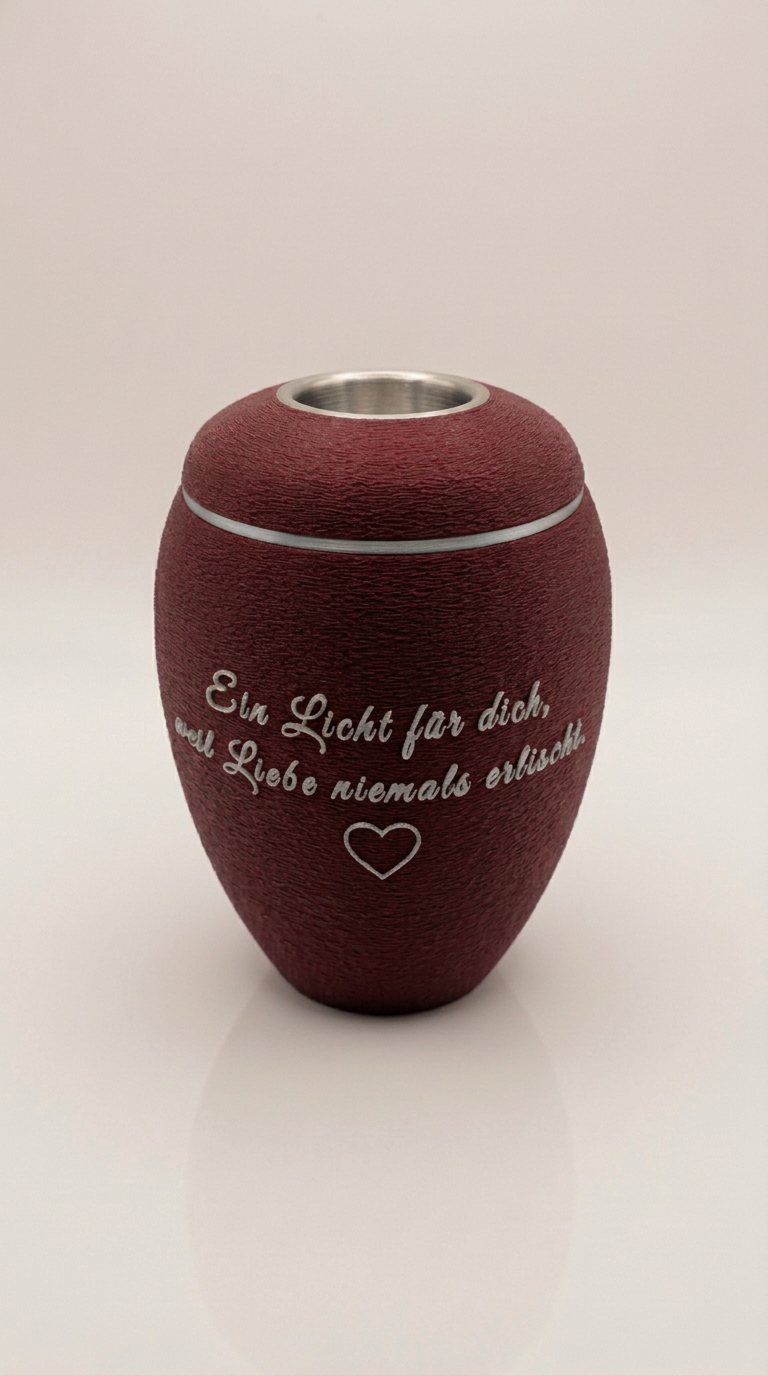 Weinrote Urne mit silbernen Spruch, Herz und silbernen Teelicht-Einsatz im Deckel