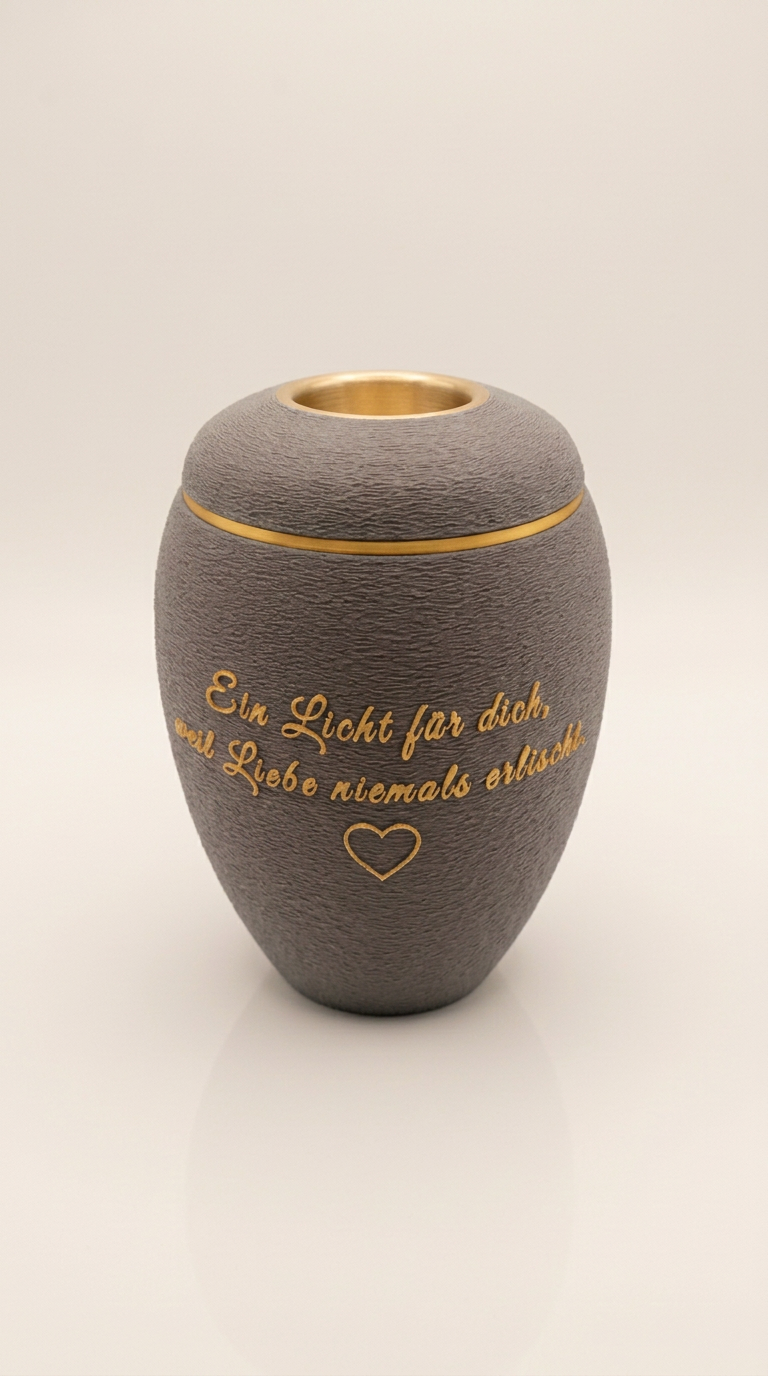 Graue Urne mit goldenem Spruch, Herz und goldenem Teelicht-Einsatz im Deckel