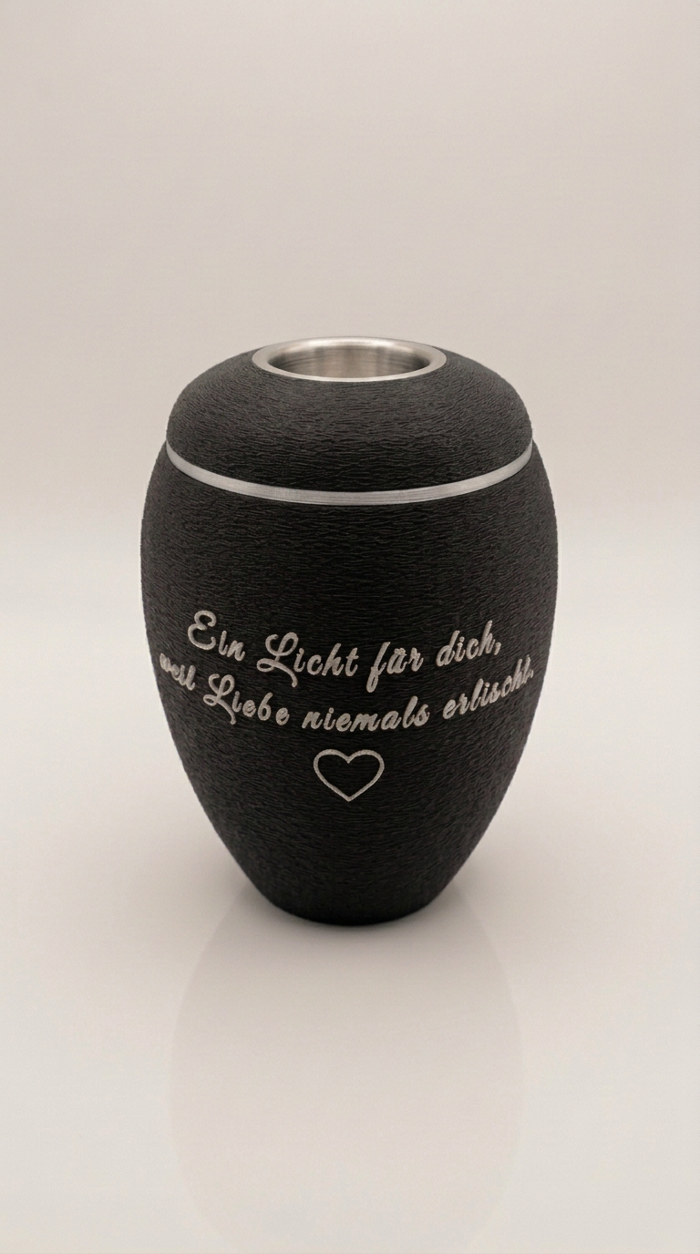 Schwarze Urne mit silbernen Spruch, Herz und silbernen Teelicht-Einsatz im Deckel