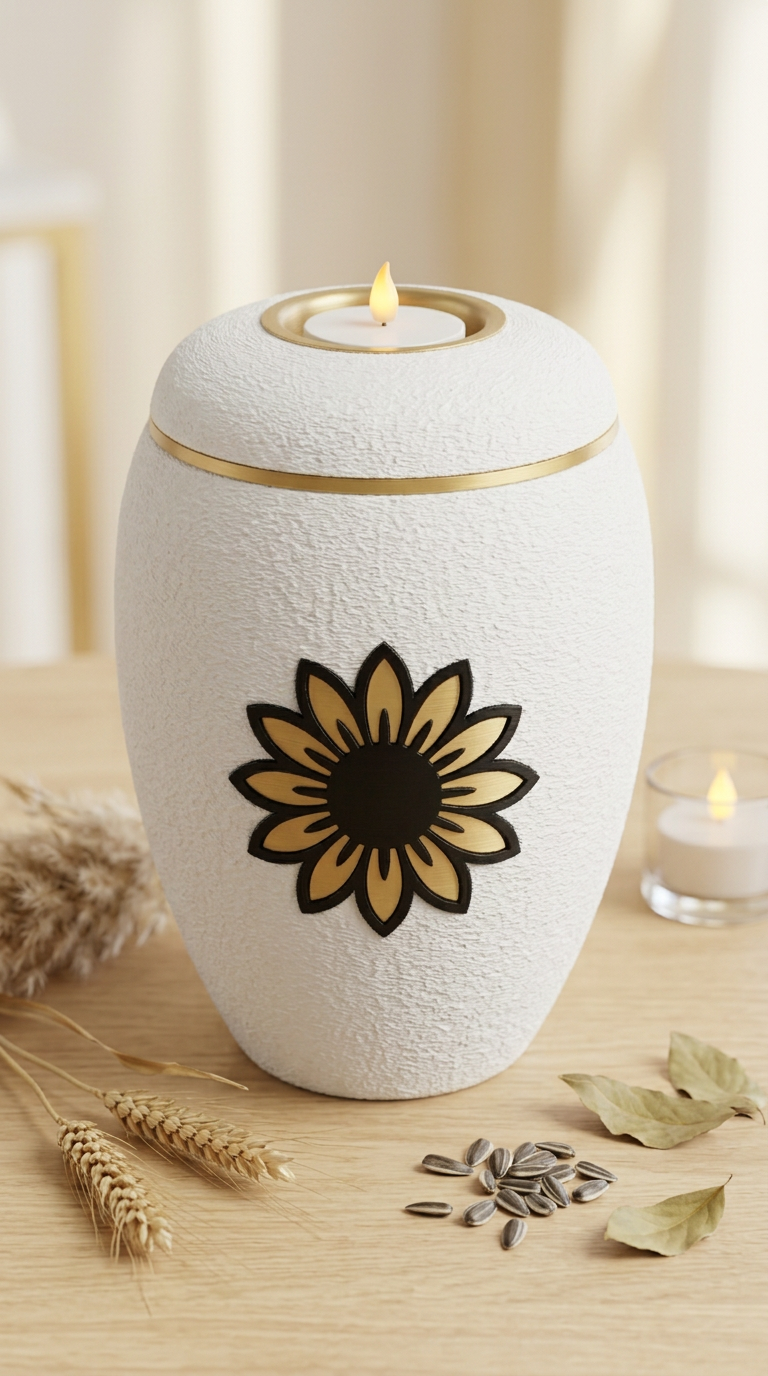 Weiße Urne mit goldener Sonnenblume und LED-Teelicht im Deckel, daneben Weizenähren und Sonnenblumenkerne