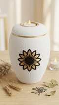 Weiße Urne mit goldener Sonnenblume und LED-Teelicht im Deckel, daneben Weizenähren und Sonnenblumenkerne
