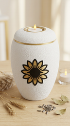 Weiße Urne mit goldener Sonnenblume und LED-Teelicht im Deckel, daneben Weizenähren und Sonnenblumenkerne