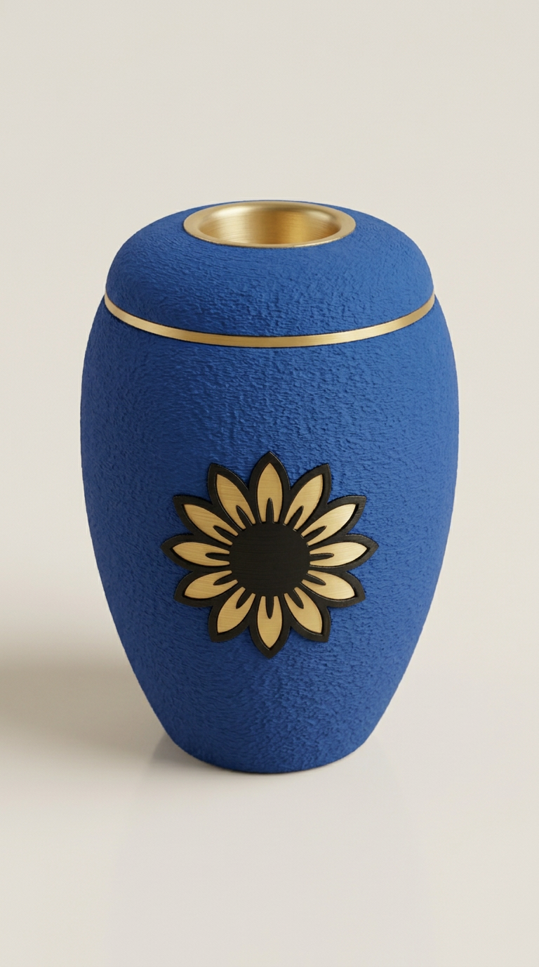 Blaue  Urne mit goldener Sonnenblume und LED-Teelicht im Deckel.