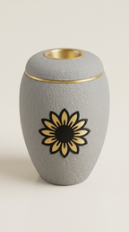 Graue Urne mit goldener Sonnenblume und LED-Teelicht im Deckel.