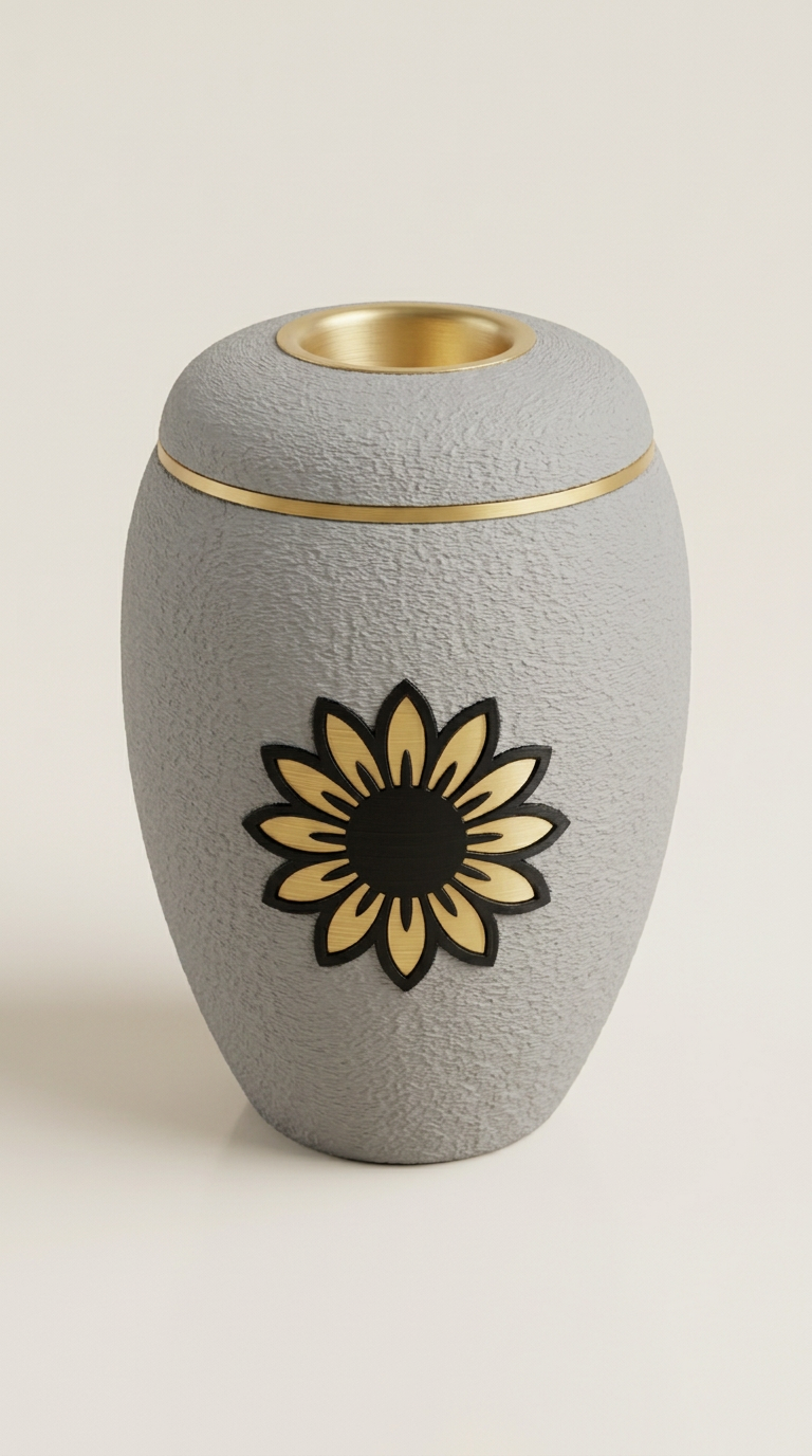 Graue Urne mit goldener Sonnenblume und LED-Teelicht im Deckel.