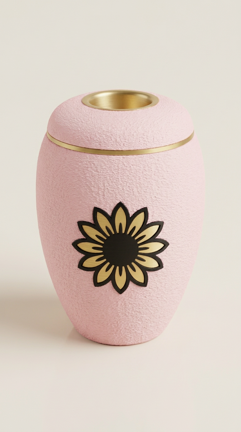 Sakura Pinke Urne mit goldener Sonnenblume und LED-Teelicht im Deckel.