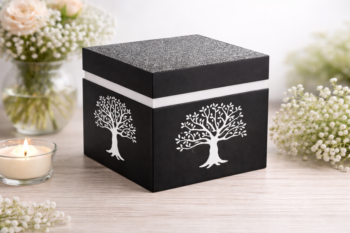 Schwarze Urne mit weißem Lebensbaum-Motiv, daneben eine Kerze und weiße Blumen