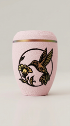Sakura Pinke Urne mit Kolibri-Motiv und Blüte in warmen Gold- und Rottönen.