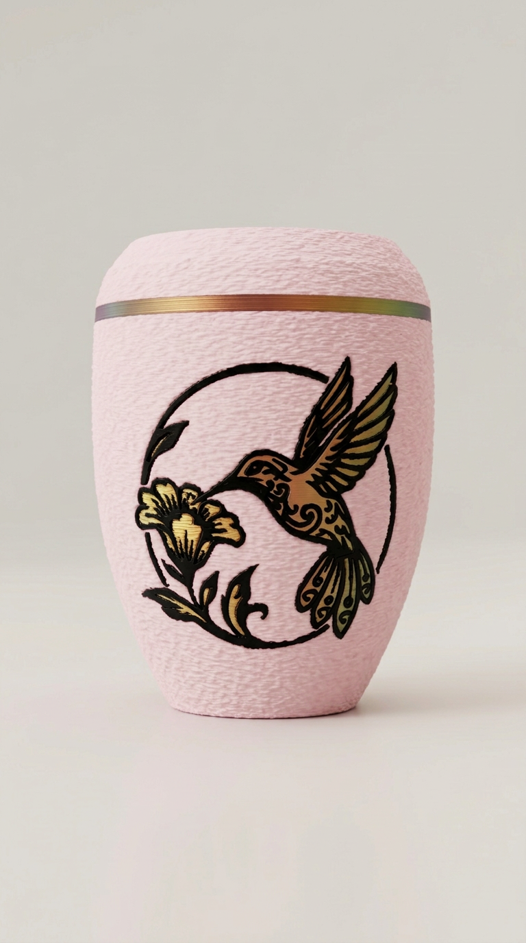 Sakura Pinke Urne mit Kolibri-Motiv und Blüte in warmen Gold- und Rottönen.