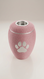 Sakura Pinke Tierurne mit silberner Pfote und LED-Teelicht im Deckel