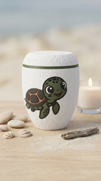 Weiße Urne mit Motiv einer grünen Meeresschildkröte und olivgrünem Zierring, daneben Muscheln und Treibholz