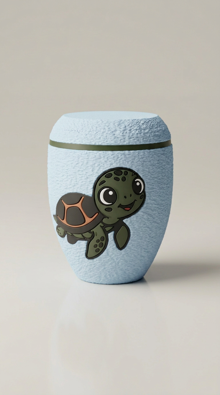 Babyblaue Urne mit Motiv einer grünen Meeresschildkröte und olivgrünem Zierring.