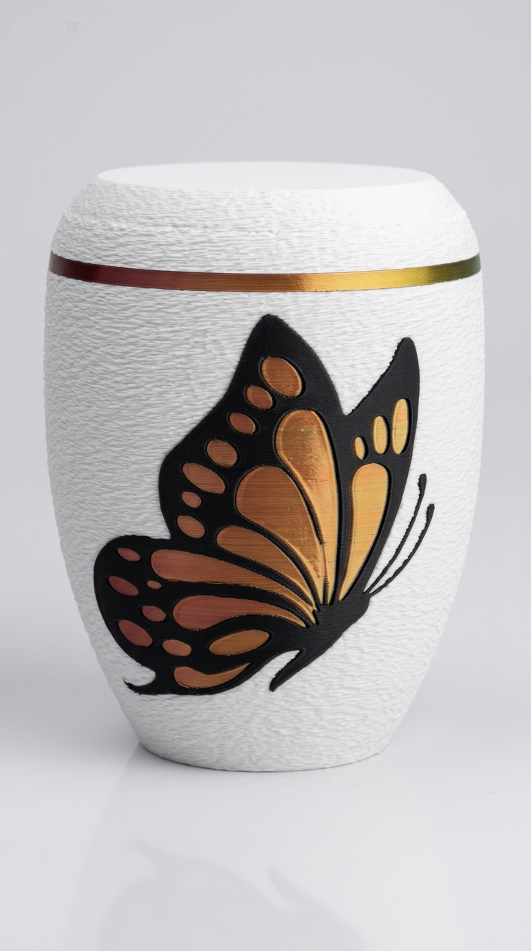 Weiße Urne mit Schmetterlingsmotiv in Gold und Orange, Zierring im Farbverlauf