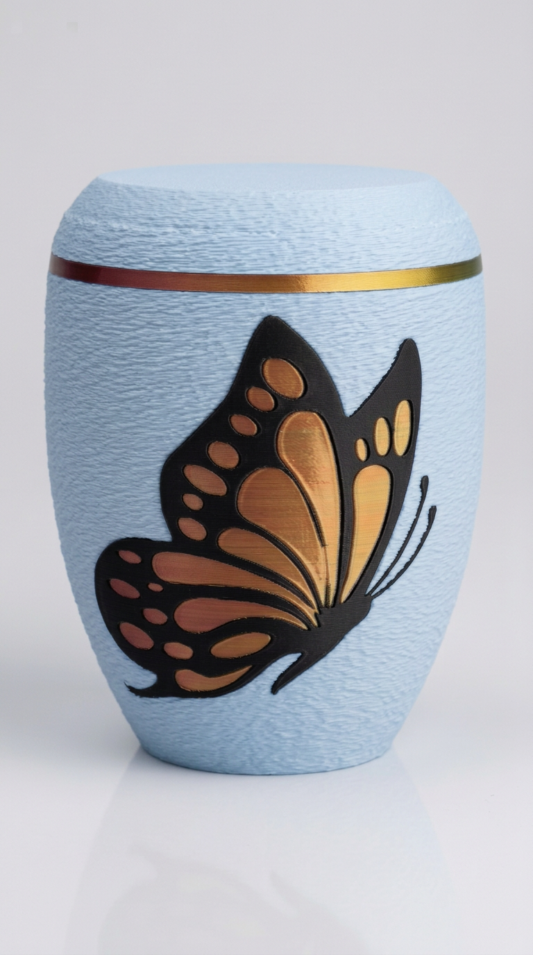 Babyblaue Urne mit Schmetterlingsmotiv in Gold und Orange, Zierring im Farbverlauf