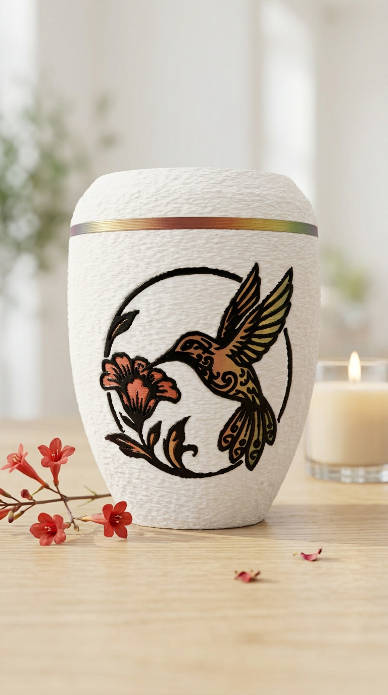 Weiße Urne mit Kolibri-Motiv und Blüte in warmen Gold- und Rottönen, daneben rote Blüten und eine Kerze
