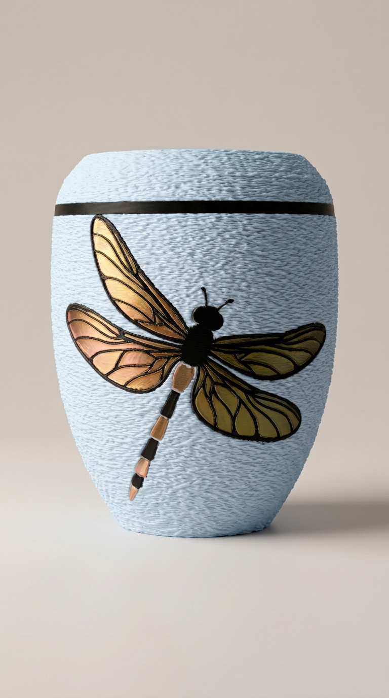 Babyblaue Urne mit Libellenmotiv in schimmerndem Gold und Grün, schwarzer Zierring