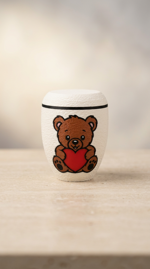 Weiße Urne mit braunem Teddybär, rotem Herz und schwarzem Zierring