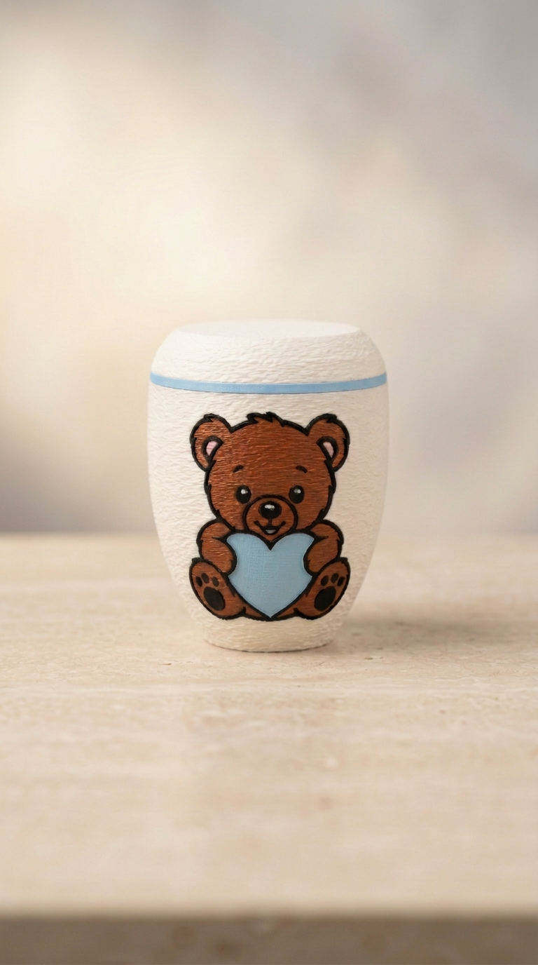 Weiße Urne mit braunem Teddybär, hellblauem Herz und hellblauem Zierring