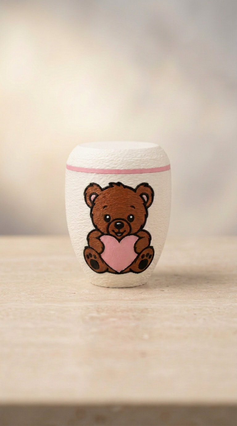 Weiße Urne mit braunem Teddybär, rosa Herz und rosa Zierring