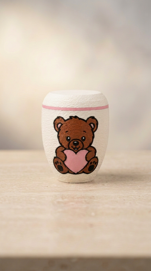 Weiße Urne mit braunem Teddybär, rosa Herz und rosa Zierring