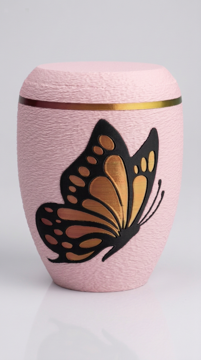 Sakura-Pinke Urne mit Schmetterlingsmotiv in Gold und Orange, Zierring im Farbverlauf